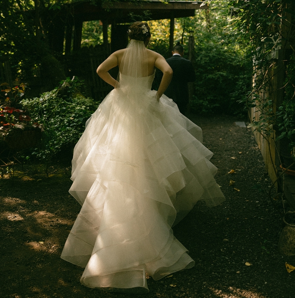 Mid Length Cascading Veil with Organza Ribbon Edge Fingertip Length